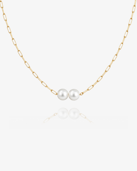 Double Pearl Paperclip Necklace styled detail - 14k Gold Fill - The Littl Australia
