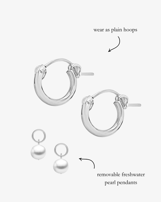 Freshwater Pearl Thick Hoop Earrings - Sterling Silver