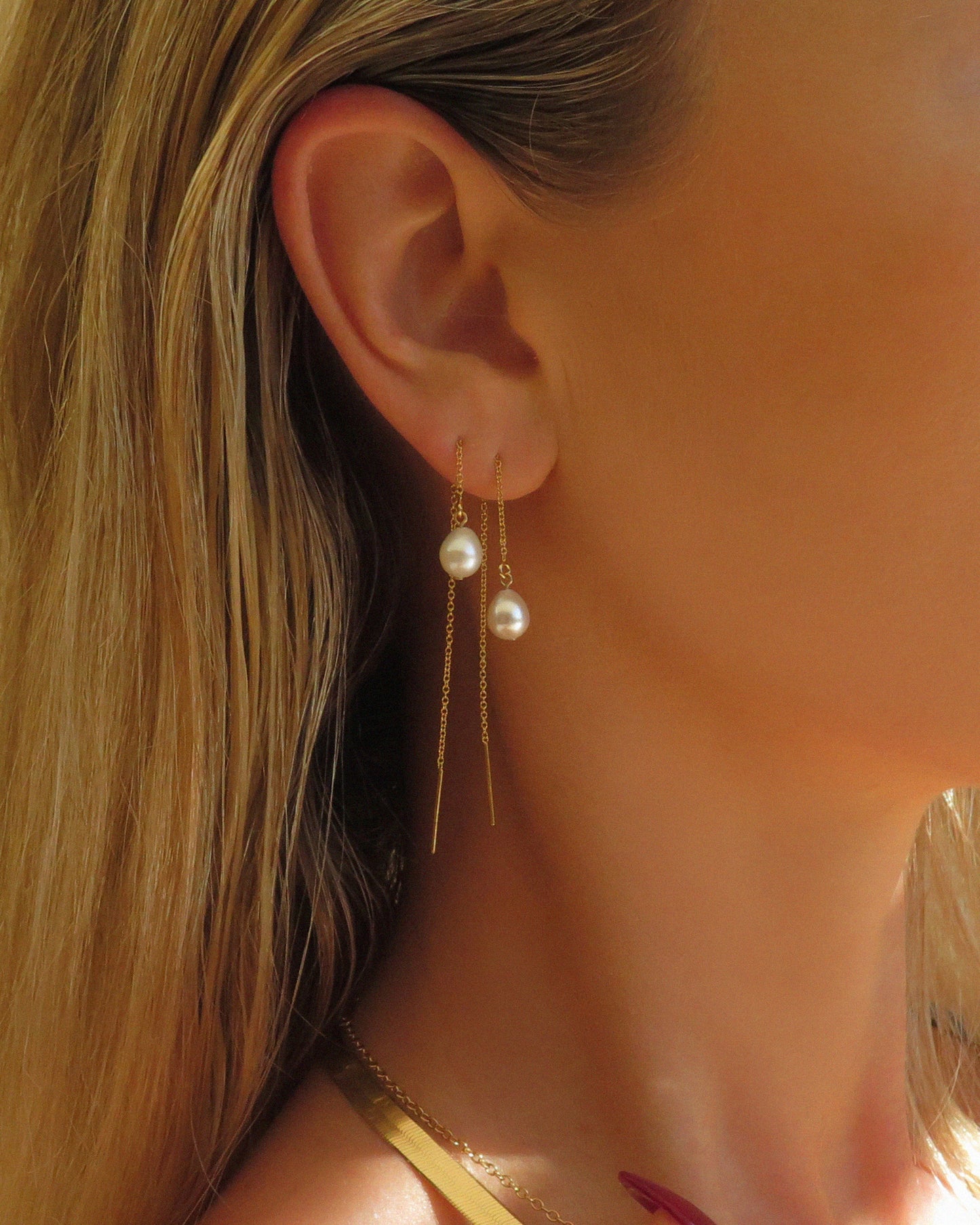 Teardrop Freshwater Pearl Threader Earrings - 14k Yellow Gold Fill