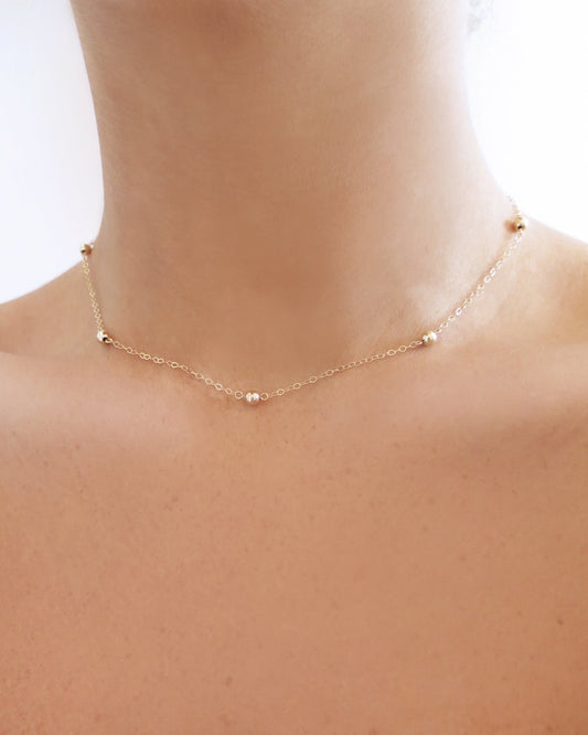 FIVE BEAD NECKLACE- 14k Gold - The Littl - 14k Yellow Gold Fill - 37cm (choker)