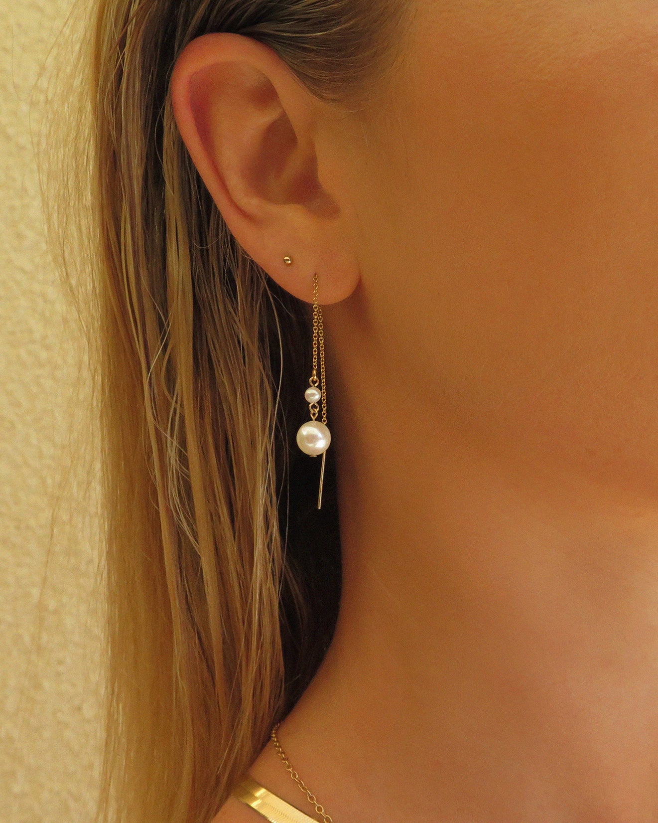 Double Freshwater Pearl Threader Earrings - 14k Yellow Gold Fill