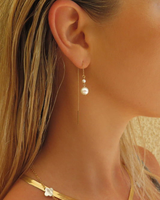 Double Freshwater Pearl Threader Earrings - 14k Yellow Gold Fill