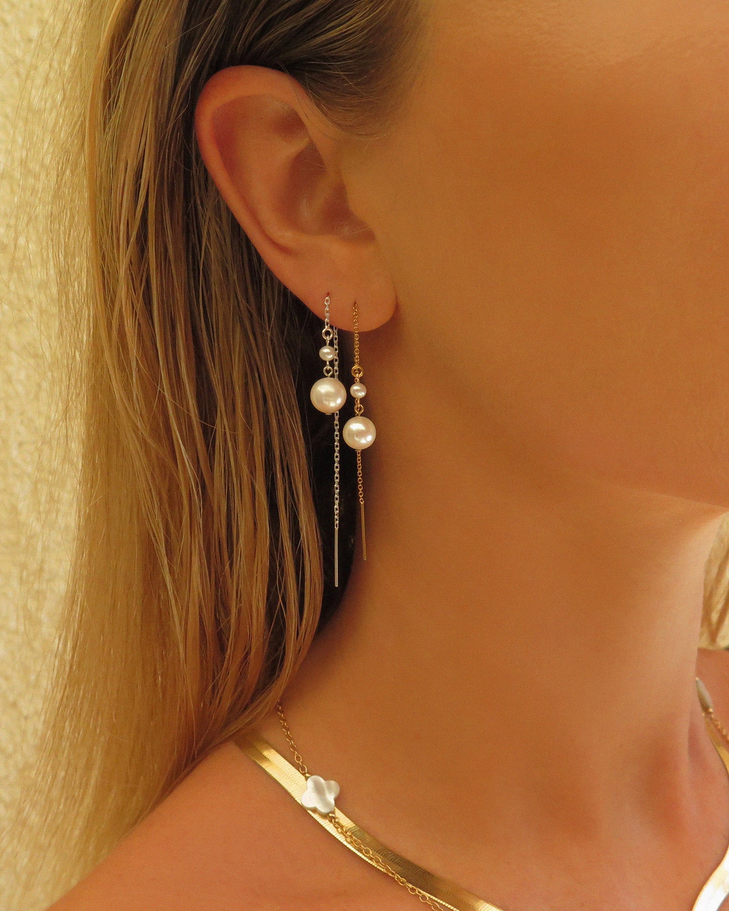 Double Freshwater Pearl Threader Earrings - 14k Yellow Gold Fill