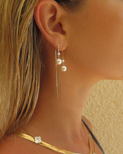 Double Freshwater Pearl Threader Earrings - Sterling Silver - The Littl | Waterproof Gold Jewellery Australia