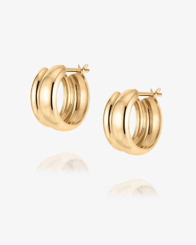 Double Band Rounded Huggie Hoop Earrings - 14k Solid Gold