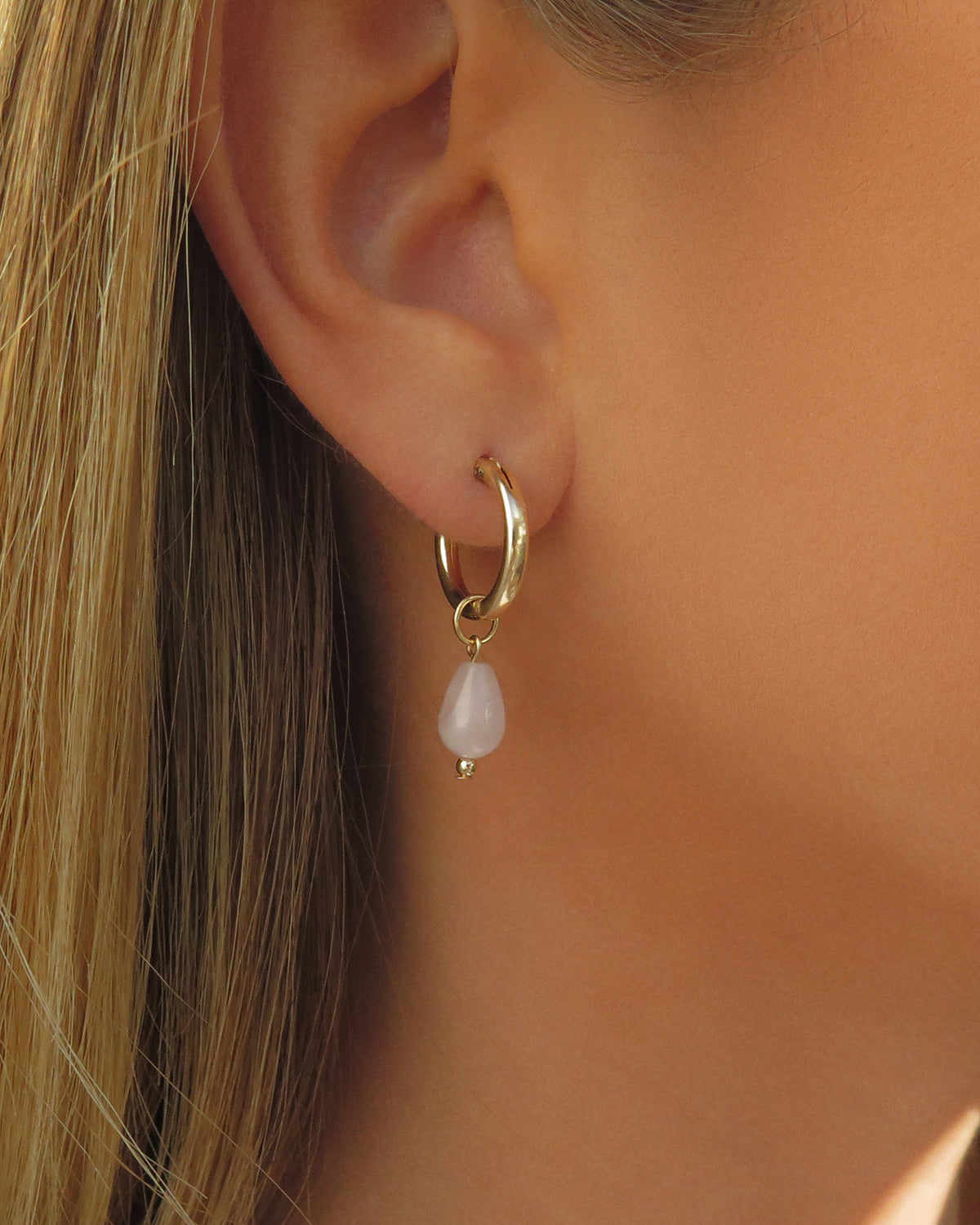 Rose Quartz Teardrop Thick Hoop Earrings - 14k Rose Gold-Filled | Waterproof & Tarnish-Resistant | The Littl