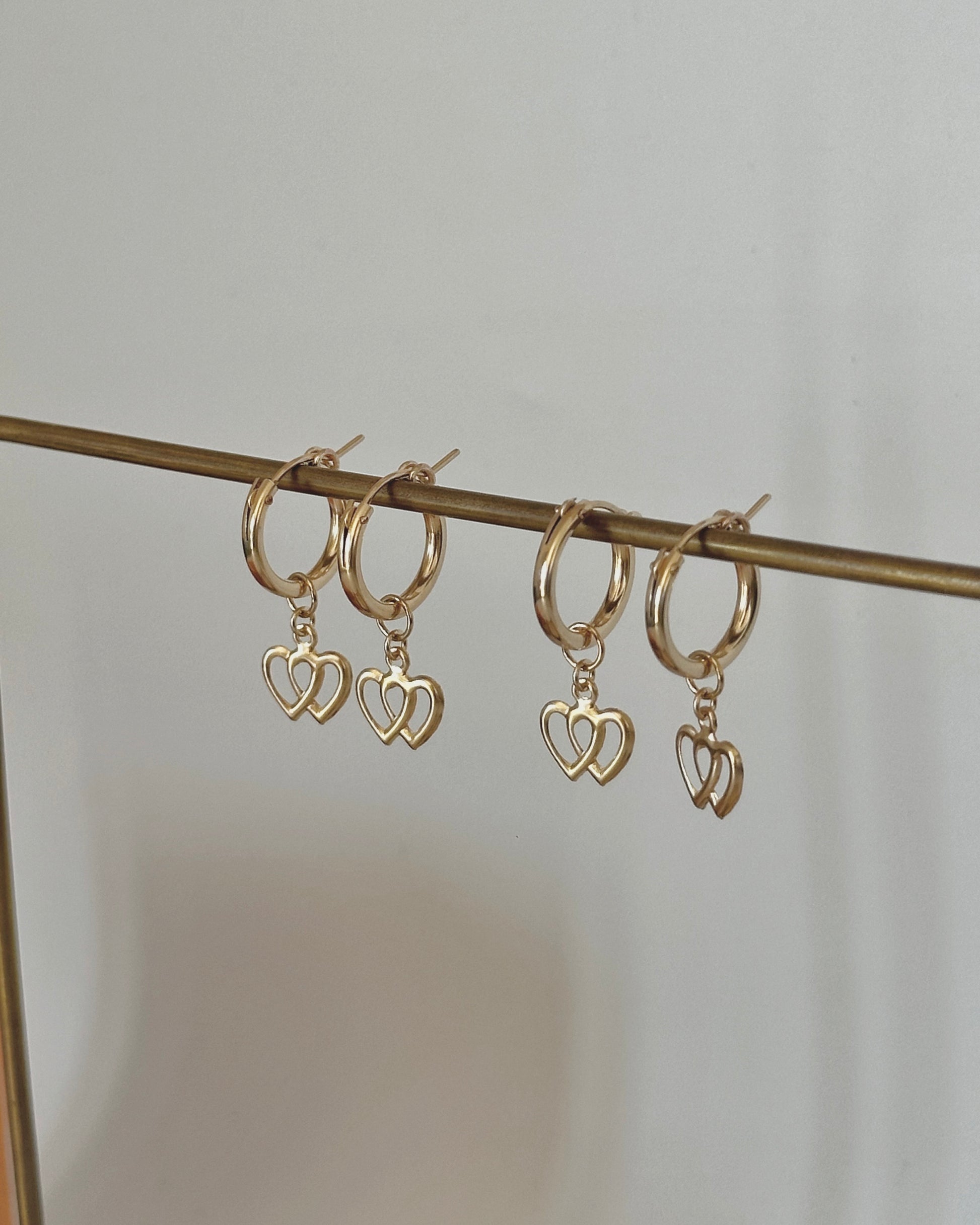 Double Heart Thick Hoop Earrings - 14k Yellow Gold Fill - The Littl | Waterproof Gold Jewellery Australia