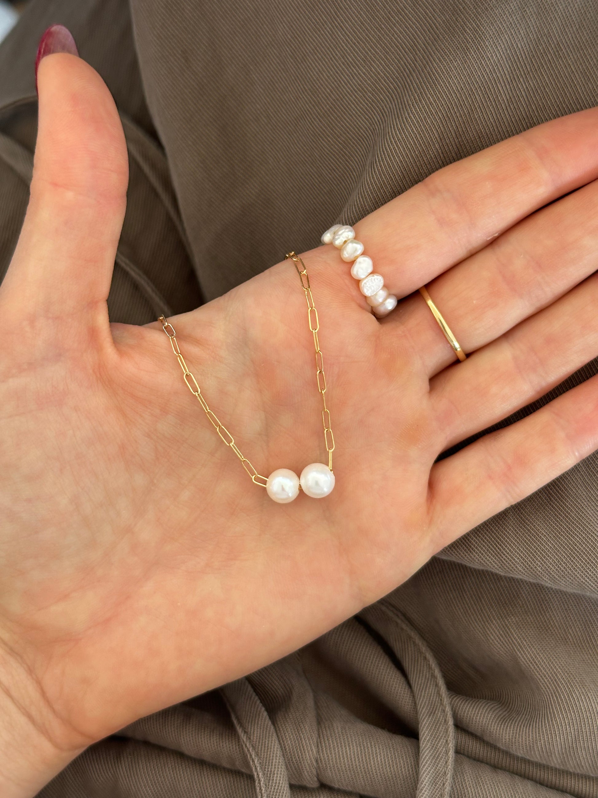 Double Freshwater Pearl Paperclip Chain Necklace - 14k Yellow Gold Fill - The Littl | Waterproof Gold Jewellery Australia