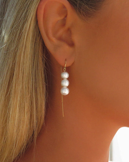 Triple Freshwater Pearl Stack U-Threader Earrings Close-Up - 14k Gold-Filled | The Littl