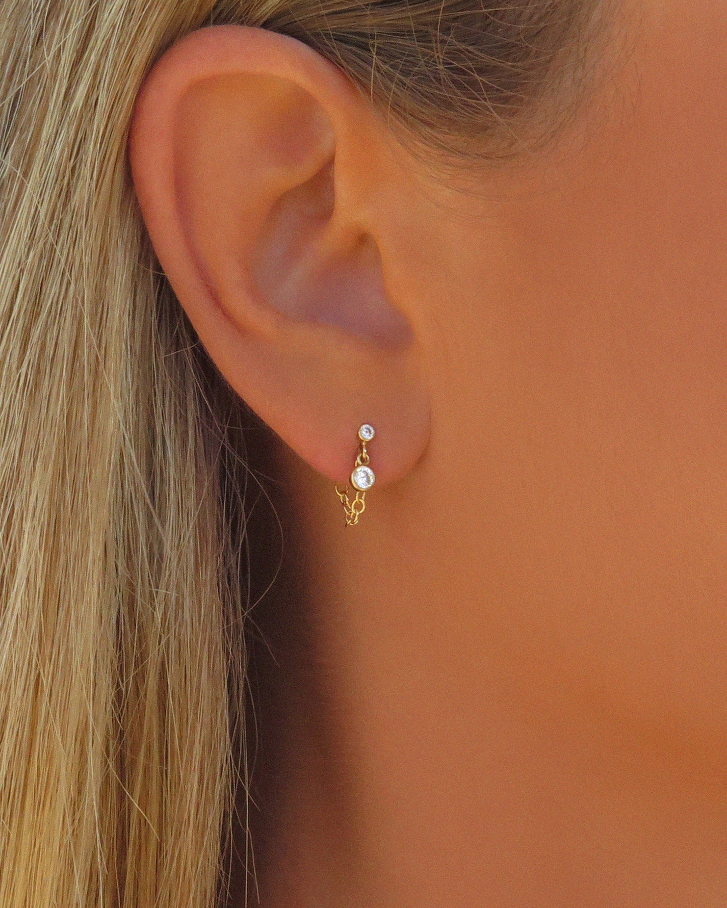 Double Mini CZ Chain Stud Earrings - 14k Yellow Gold Fill