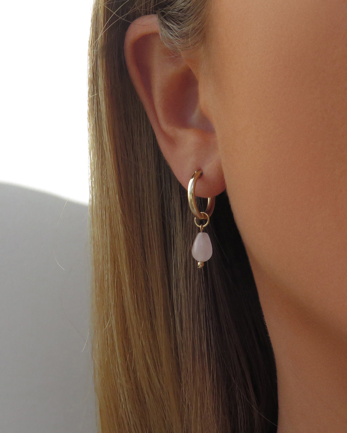 Rose Quartz Teardrop Thick Hoop Earrings Close-Up - 14k Rose Gold-Filled | The Littl
