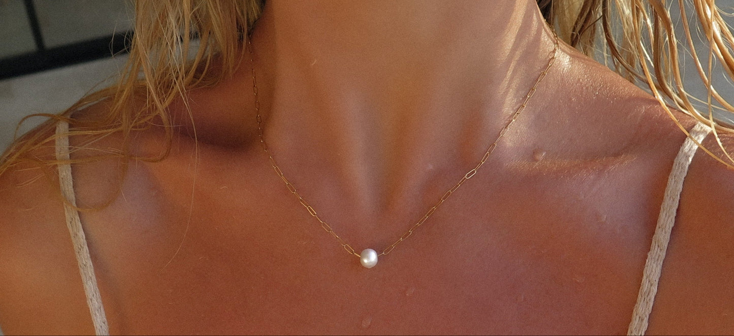 Pearl Paperclip Chain Necklace styled detail - 14k Gold Fill - The Littl Australia