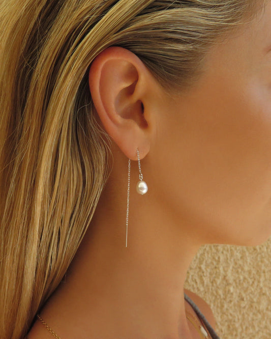 Teardrop Freshwater Pearl Threader Earrings - Sterling Silver