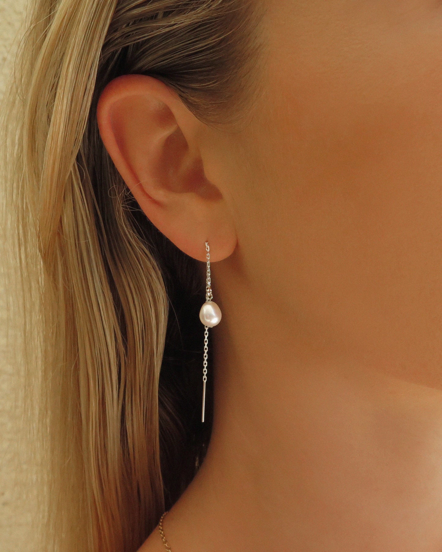 Teardrop Freshwater Pearl Threader Earrings - Sterling Silver