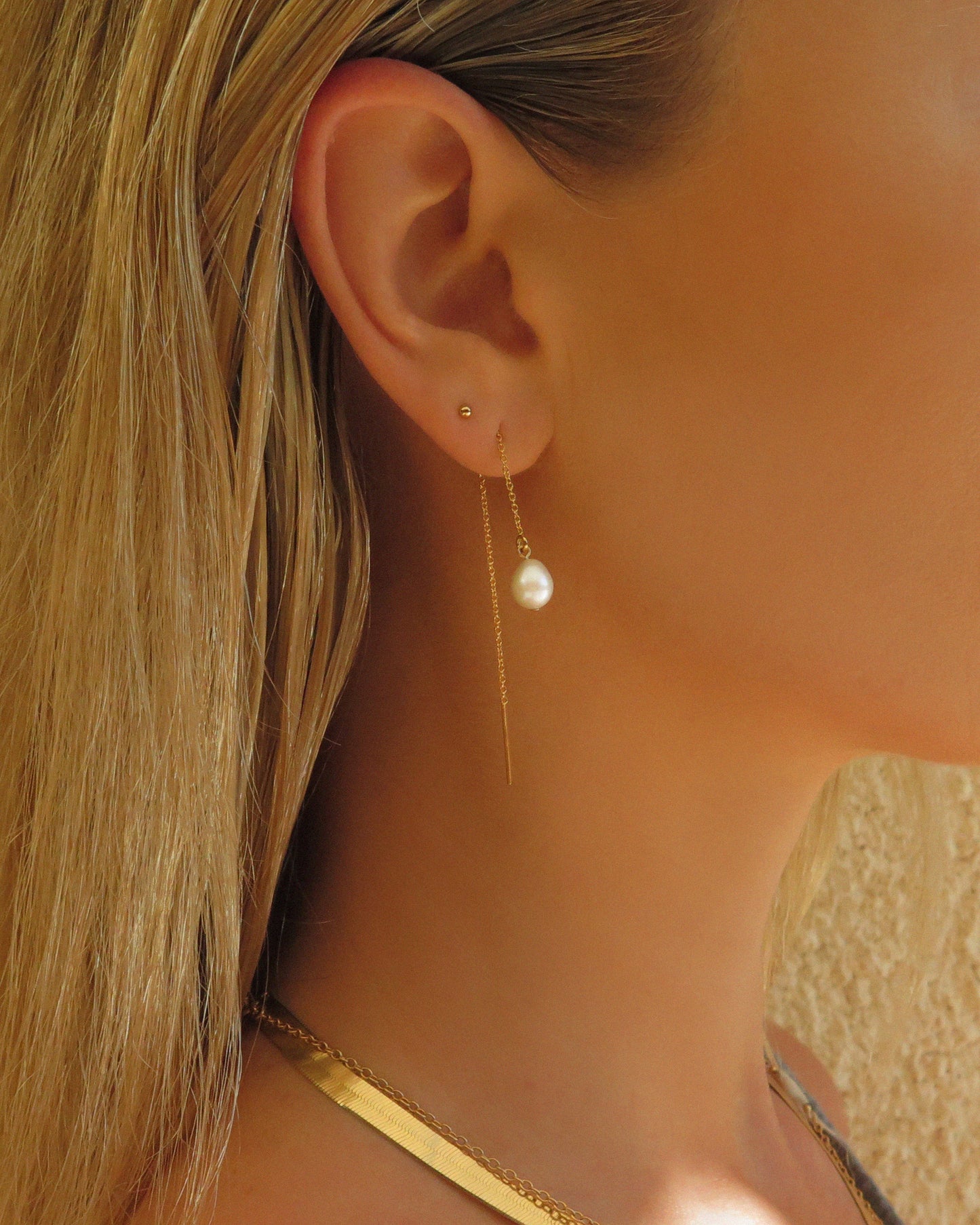 Teardrop Freshwater Pearl Threader Earrings - 14k Yellow Gold Fill