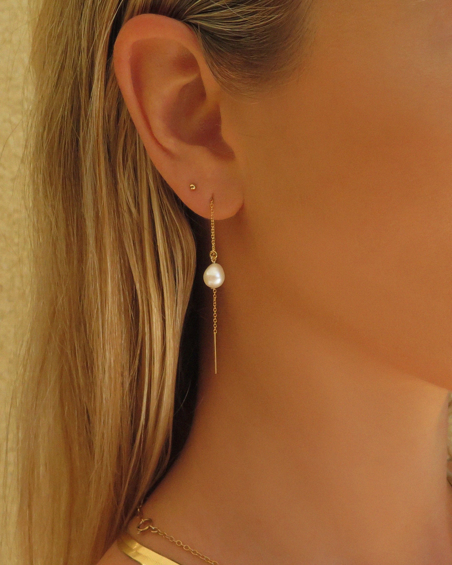 Teardrop Freshwater Pearl Threader Earrings - 14k Yellow Gold Fill