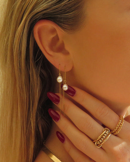 Teardrop Freshwater Pearl Threader Earrings - Sterling Silver - Side View | The Littl