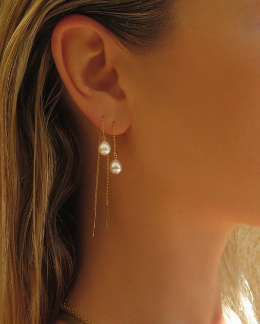 Teardrop Freshwater Pearl Threader Earrings - 14k Yellow Gold Fill