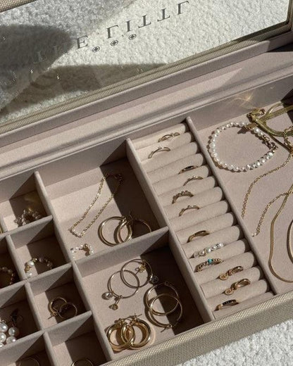 Deluxe Jewellery Box open, filled with gold hoops, rings and pearl necklaces | The Littl