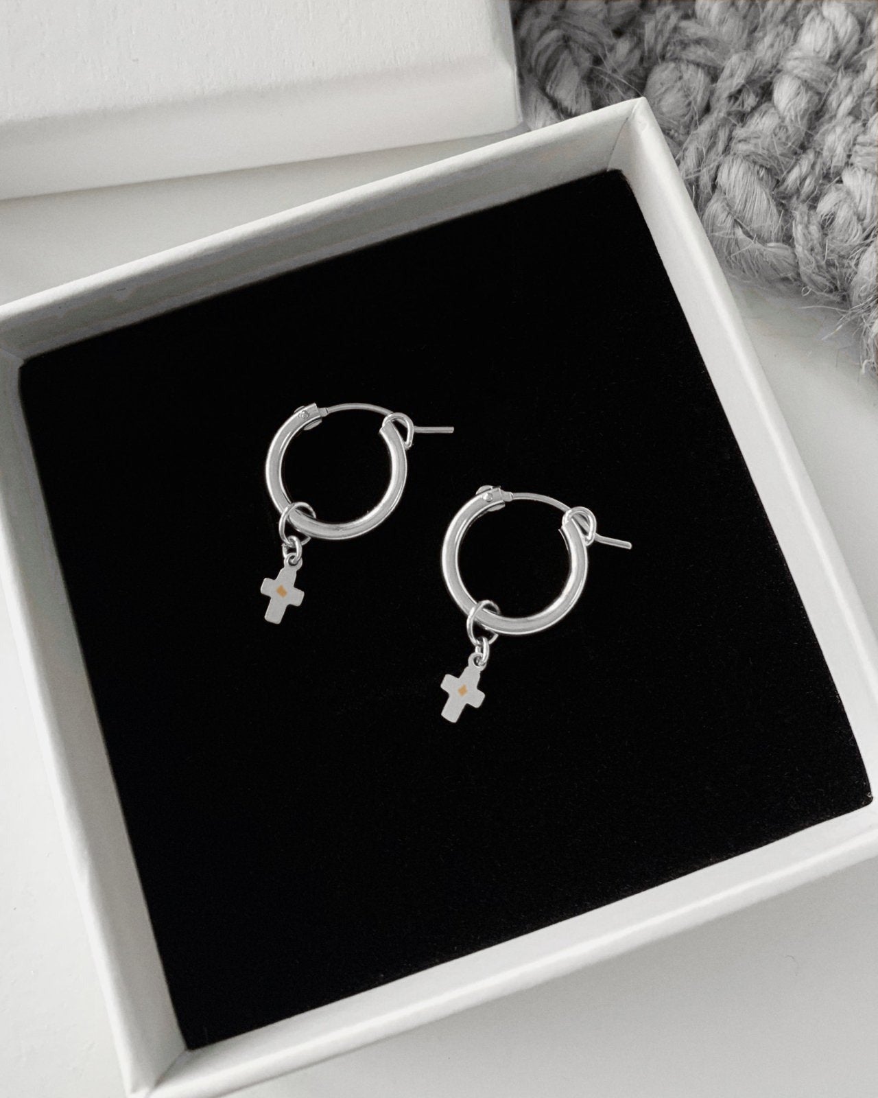 Small Cross Thick Hoop Earrings - Sterling Silver