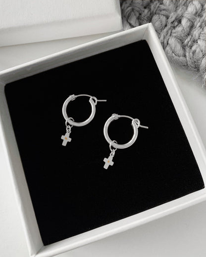 Small Cross Thick Hoop Earrings - Sterling Silver