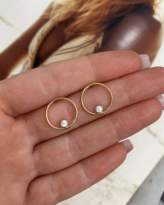 CZ Centre Stud Earrings Close-Up - 14k Gold-Filled | The Littl