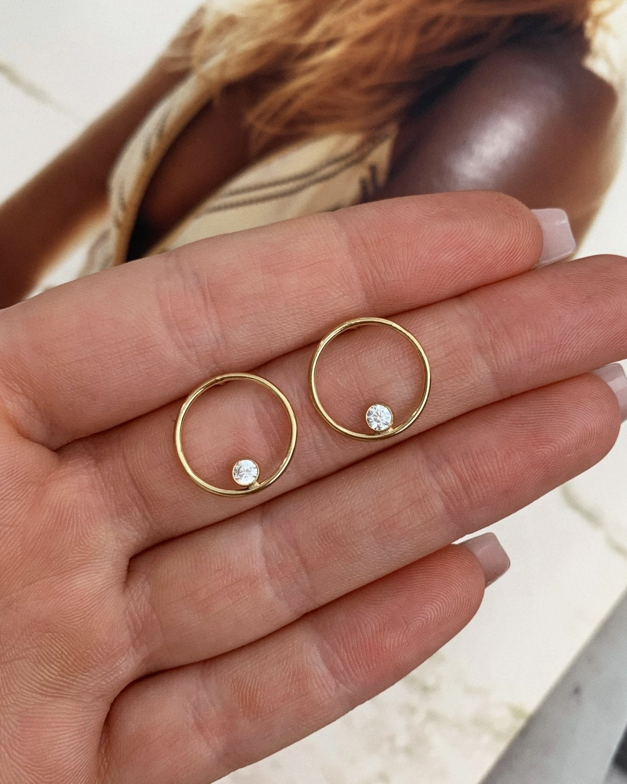 CZ CENTRE STUD EARRINGS- 14k Yellow Gold - The Littl - -