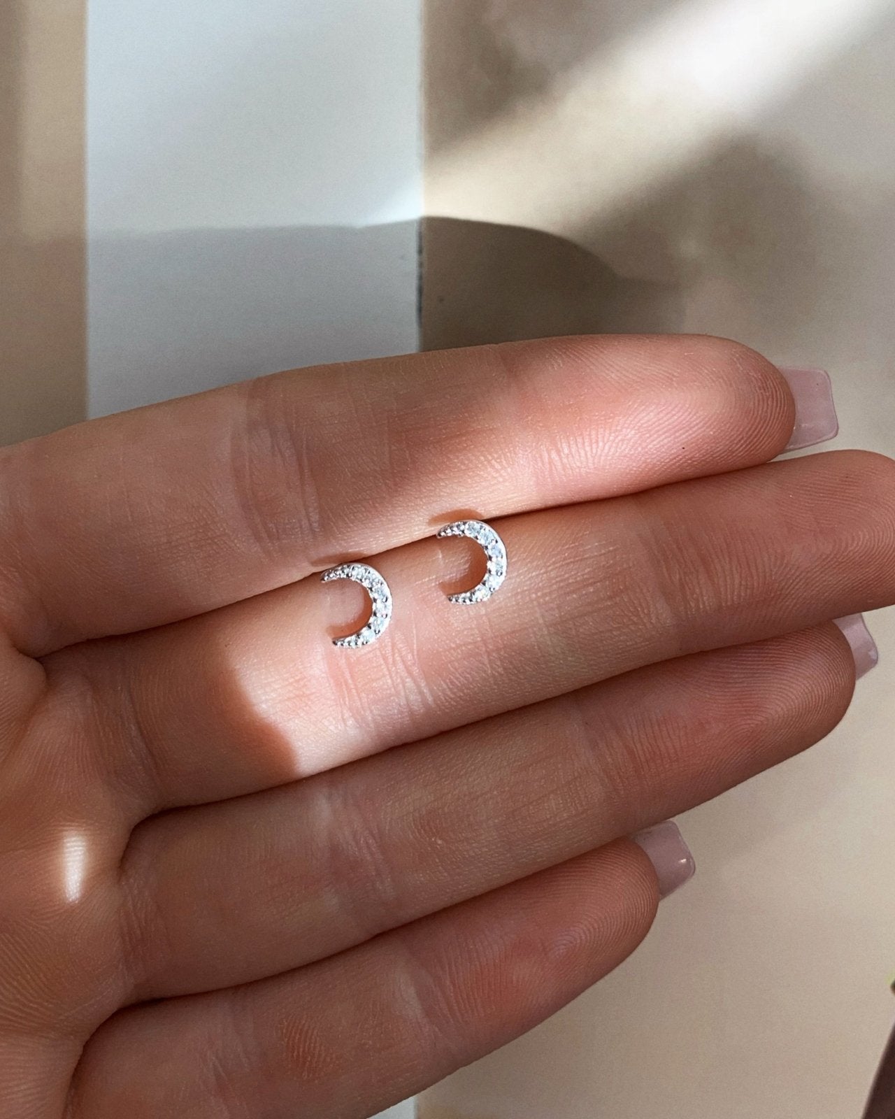 CZ MOON STUD EARRINGS- Sterling Silver - The Littl - -