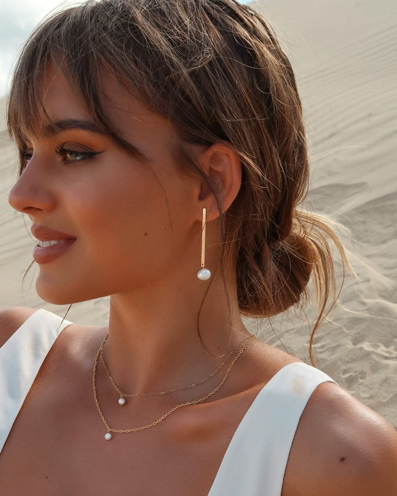 FRESHWATER PEARL BAR EARRINGS- 14k Yellow Gold - The Littl - 37mm -