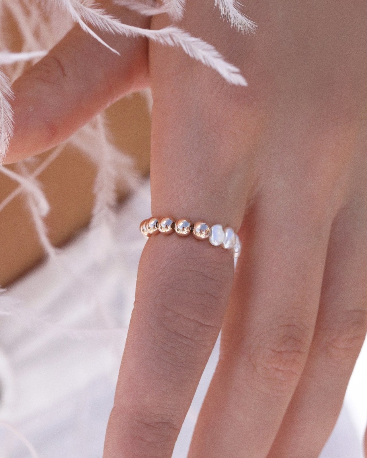 Half Freshwater Pearl Beaded Ring - 14k Rose Gold-Filled - Hypoallergenic & Waterproof | The Littl