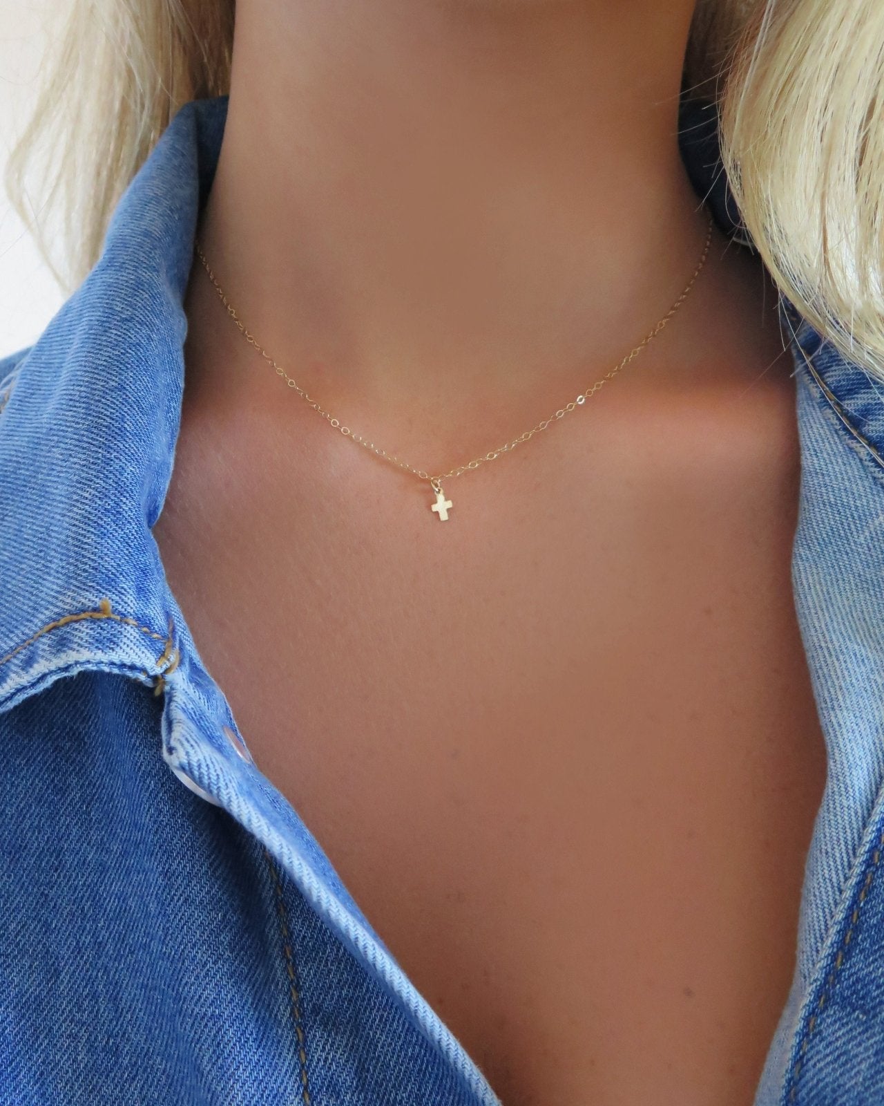 SINGLE CROSS NECKLACE - The Littl - 14k Yellow Gold Fill - Deluxe Chain