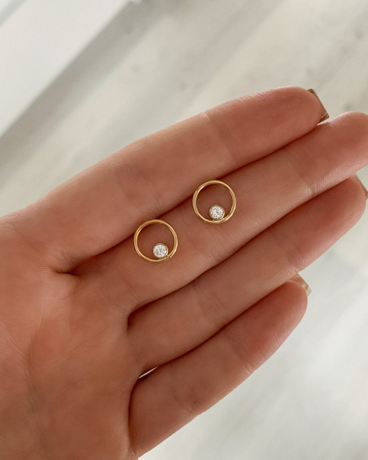 SMALL CZ CENTRE STUD EARRINGS- 14k Yellow Gold - The Littl - -