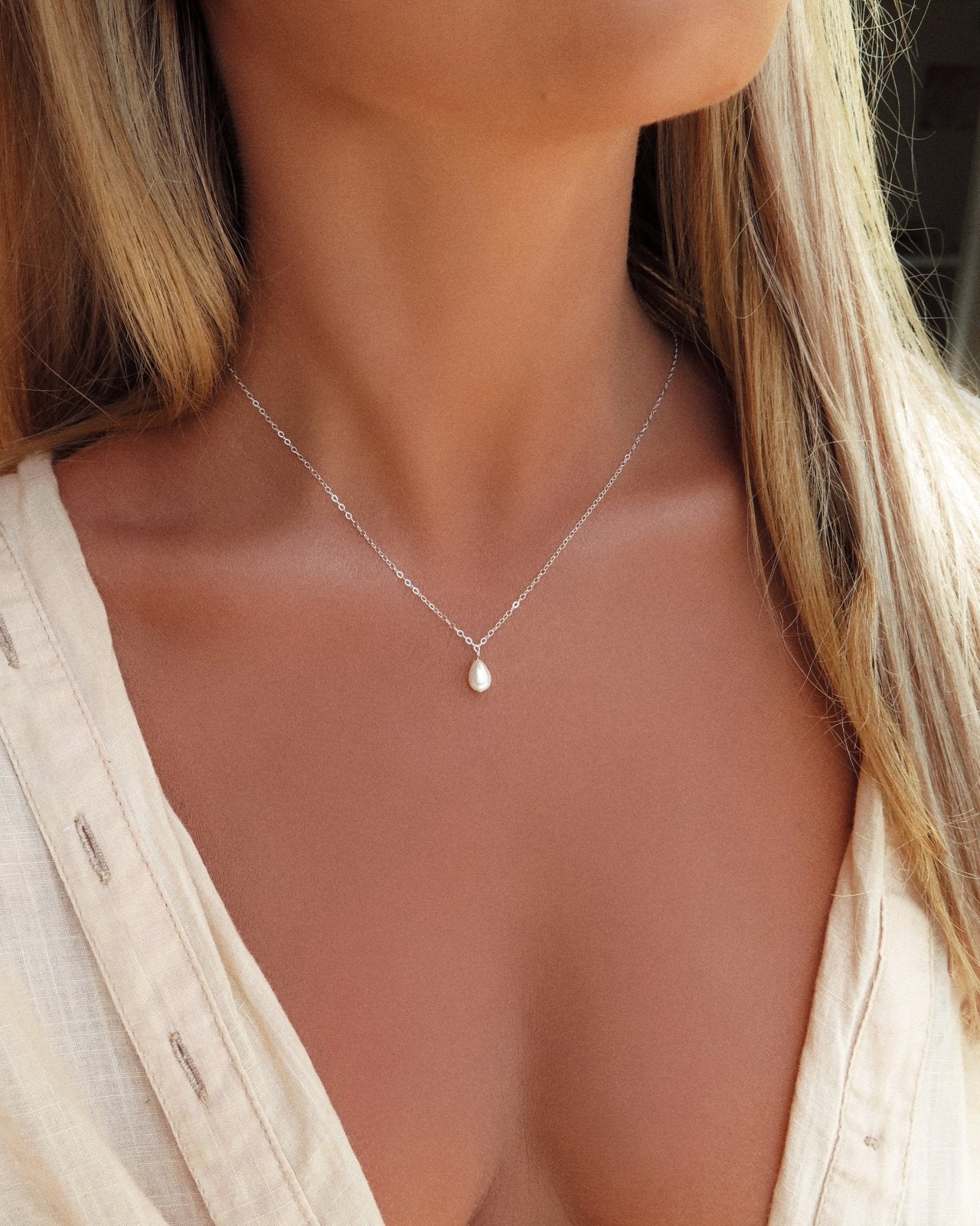 TEARDROP PEARL NECKLACE SET (10% off)- Sterling Silver - The Littl - 37cm (choker) - 37cm (choker)