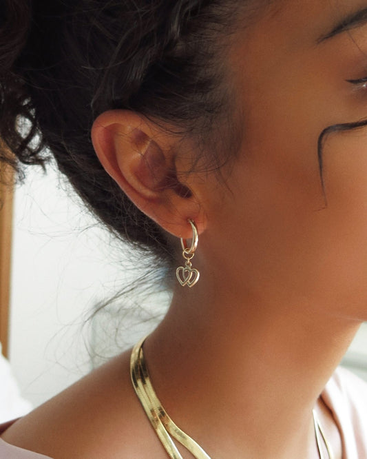 THICK DOUBLE HEART HOOP EARRINGS- 14k Yellow Gold - The Littl - 12mm -