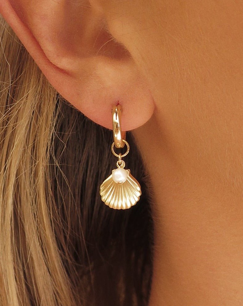 THICK FRESHWATER PEARL CLAM SHELL HOOP EARRINGS - The Littl - 14k Yellow Gold Fill - 12mm