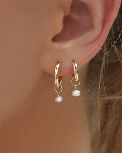 Freshwater Pearl Thick Hoop Earrings - 14k Gold-Filled - Worn - Waterproof | The Littl
