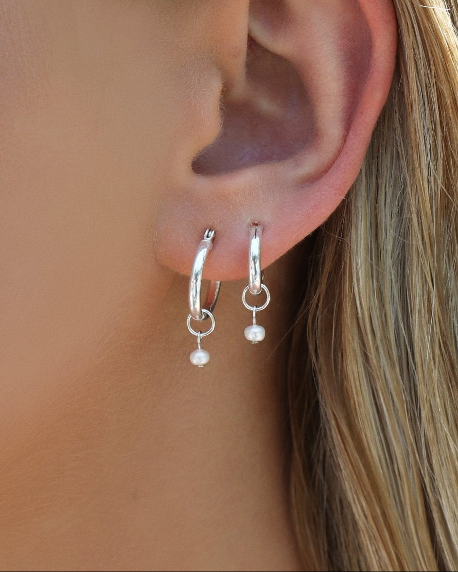 THICK FRESHWATER PEARL HOOP EARRINGS- Sterling Silver - The Littl - 12mm -