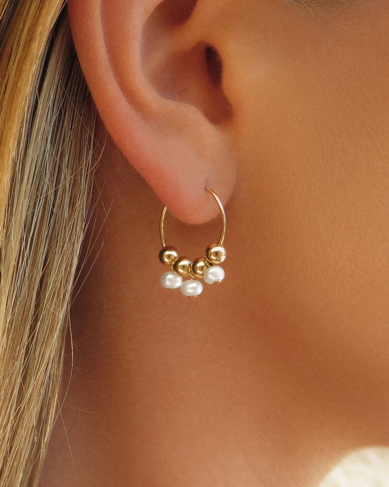 TRIPLE FRESHWATER PEARL HOOP EARRINGS - The Littl - 14k Yellow Gold Fill -